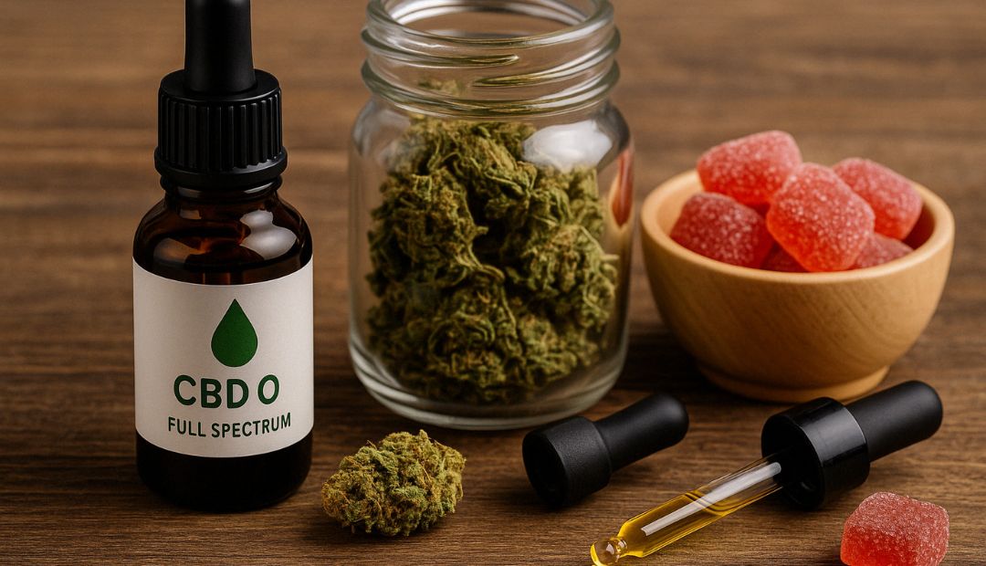 Huile de CBD full spectrum, fleurs séchées et gummies rouges sur fond en bois