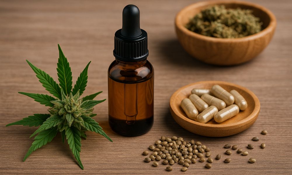 Produits au CBD en différents formats : huile sublinguale, gélules, fleurs et graines de chanvre sur fond en bois naturel