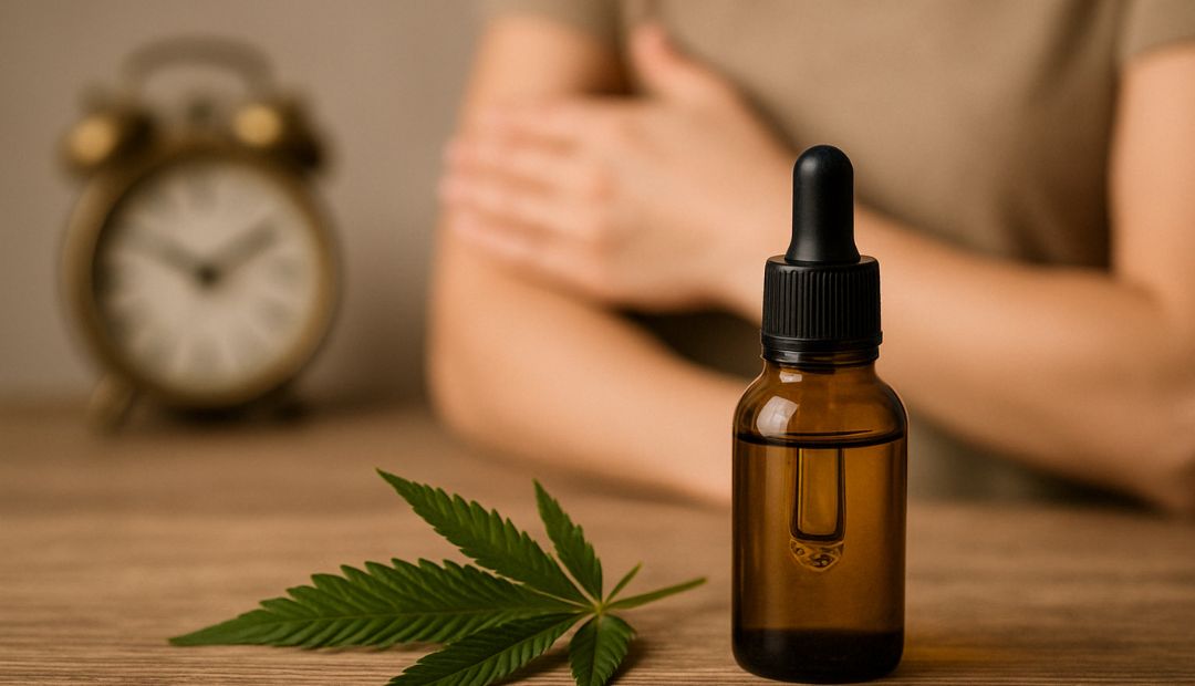 Flacon d’huile de CBD en verre ambré avec une feuille de chanvre posée sur une table en bois, illustrant l’origine naturelle et le fonctionnement du cannabidiol.