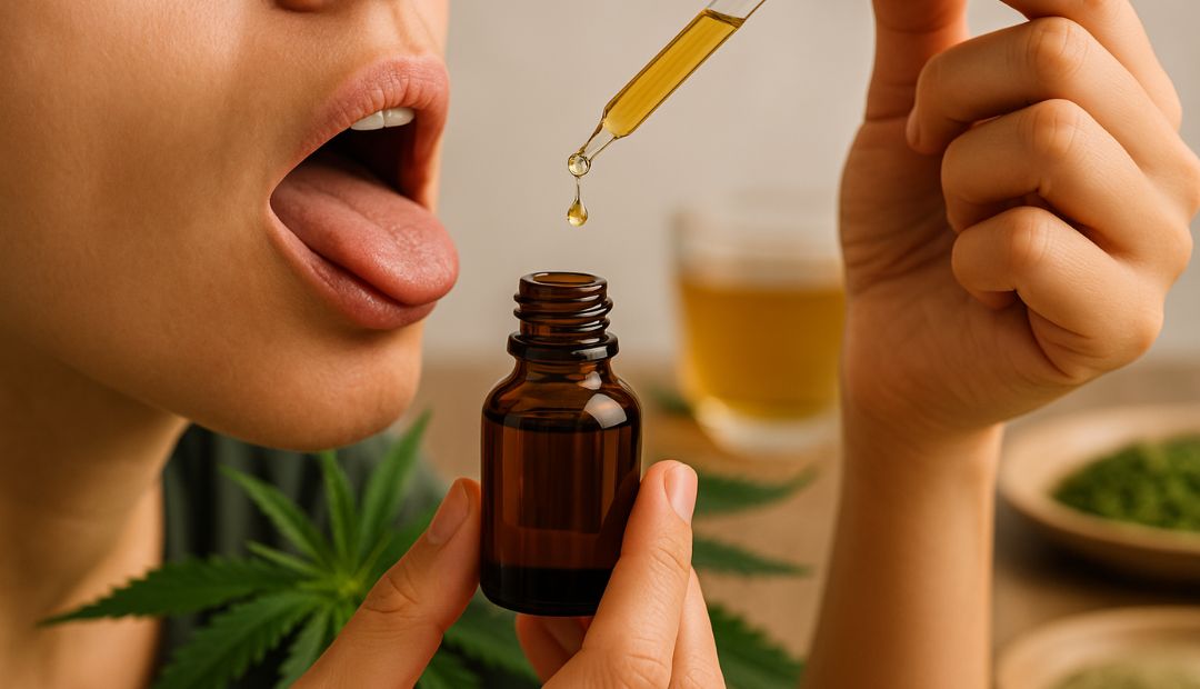 Utilisation de l’huile de CBD pressée à froid en sublingual avec feuille de chanvre, tisane et assiette en arrière-plan naturel