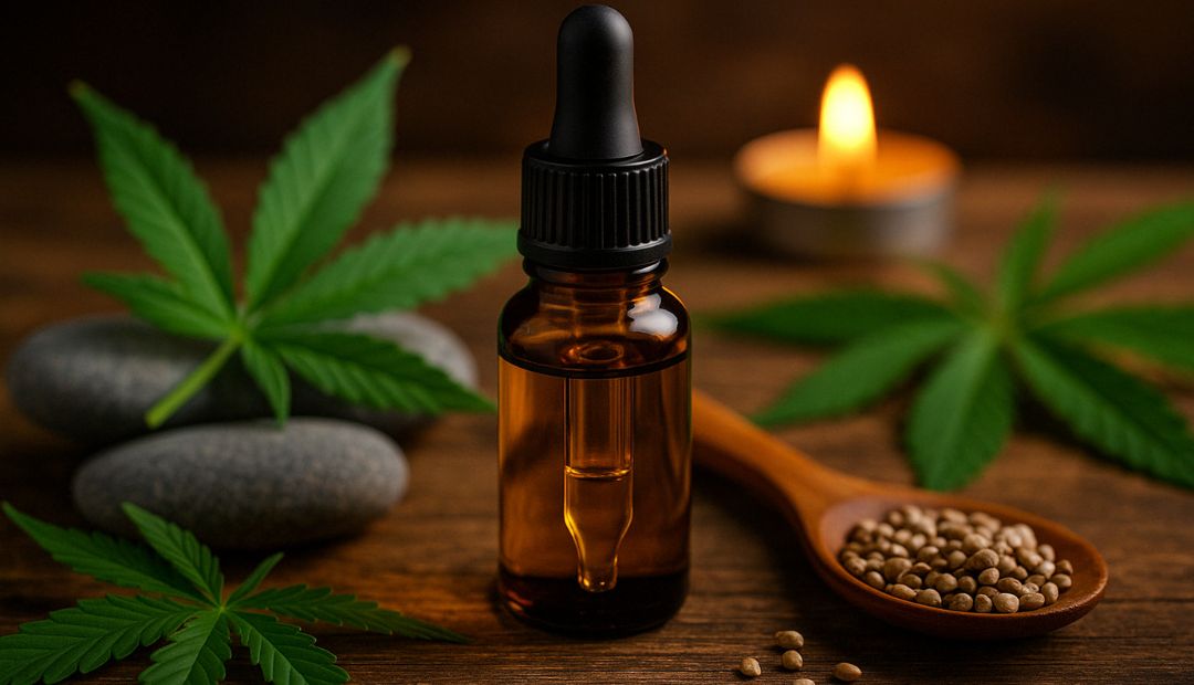 Une bouteille d'huile de CBD mise en valeur parmi des feuilles de cannabis, des galets lisses et une cuillère en bois remplie de graines de chanvre, avec une bougie allumée en arrière-plan, créant une atmosphère chaleureuse et naturelle, Chez Baba.