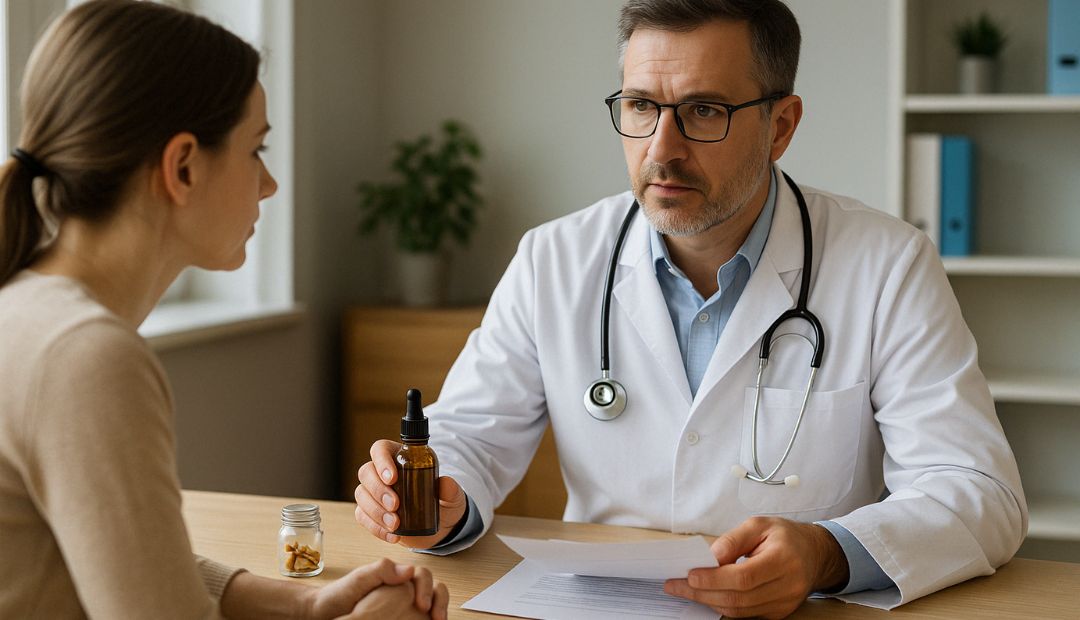 Médecin tenant un flacon de CBD en consultation avec une patiente dans un cabinet médical – usage du CBD conseillé par Chez Baba
