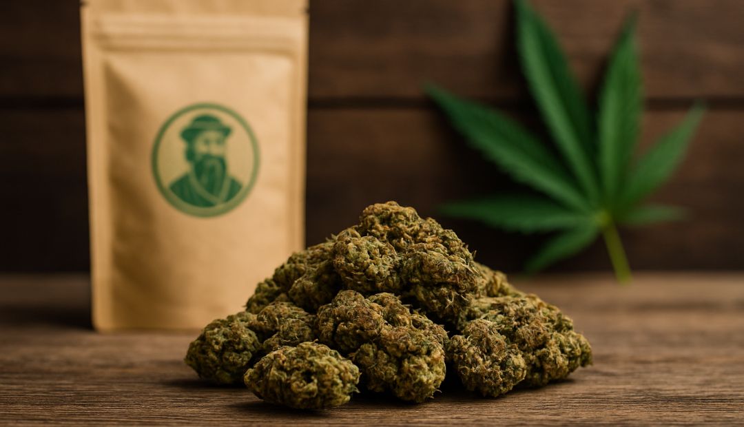 Fleurs de CBD Amnesia Haze premium sur table en bois avec feuille de chanvre en arrière-plan