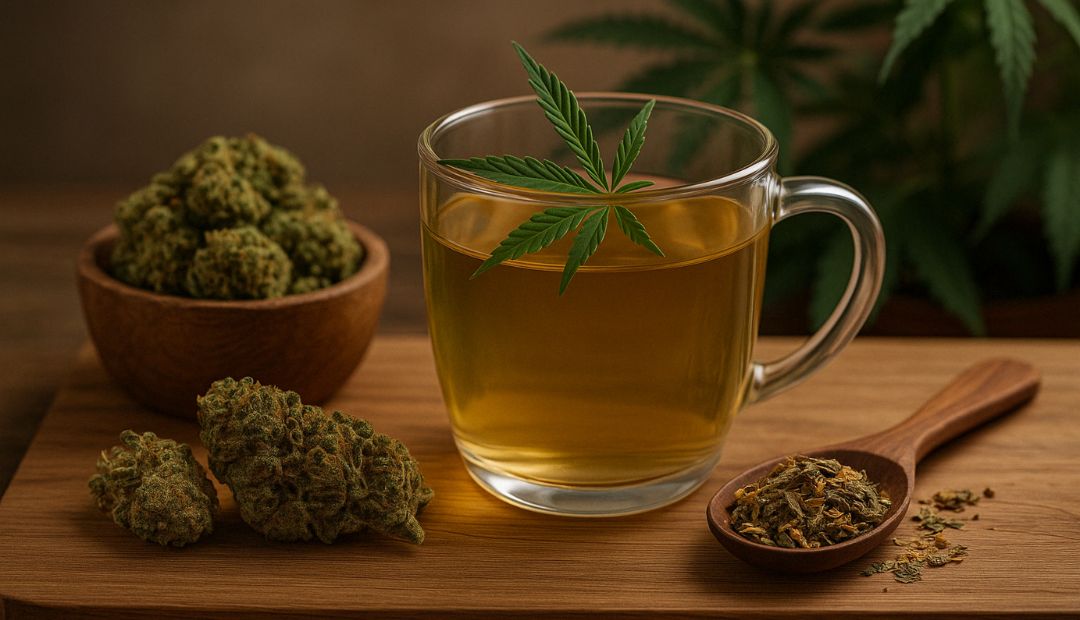 Présentation soignée d’une tisane au CBD avec fleurs et feuille de chanvre – visuel premium Chez Baba