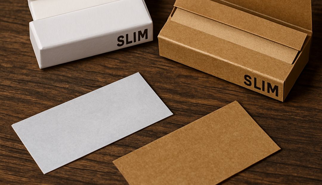 Papiers à rouler slim blancs et marron posés sur une table en bois, illustrant les deux types de feuilles Jass disponibles chez Baba.