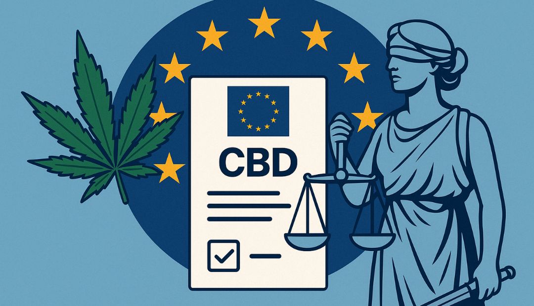 Illustration représentant la réglementation du CBD dans l’Union Européenne avec feuille de cannabis et symbole de la justice