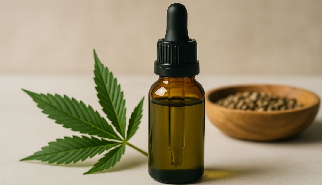 Huile de CBD pressée à froid dans un flacon en verre ambré, accompagnée de graines de chanvre et d’une feuille de cannabis sur fond naturel
