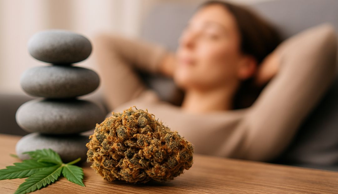 Fleur de CBD Amnesia Haze posée sur une table en bois, avec galets de relaxation et feuille de chanvre, en arrière-plan une femme détendue sur un canapé