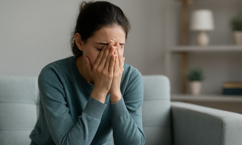 Femme en pleine crise d’angoisse, assise sur un canapé, les mains sur le visage, représentant les troubles anxieux et le besoin d’alternatives naturelles comme le CBD