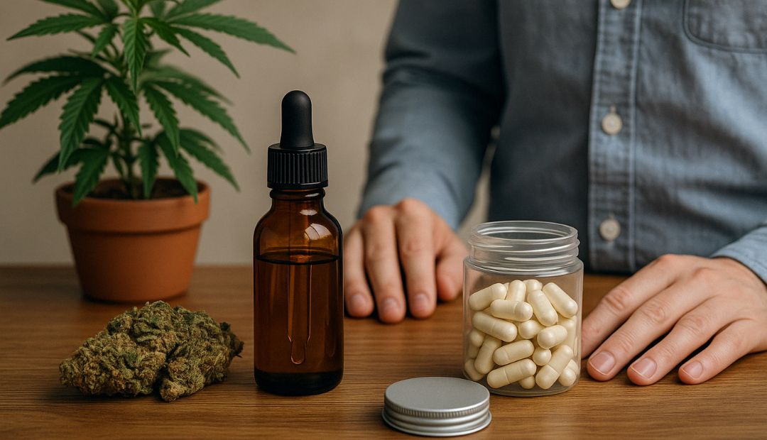 Flacon d’huile de CBD, gélules et fleurs de chanvre disposés devant une plante de cannabis en pot – sélection premium Chez Baba