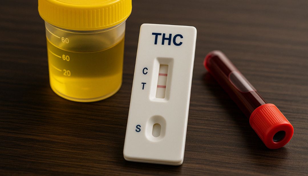Test de dépistage THC avec échantillons d’urine et de sang sur table sombre