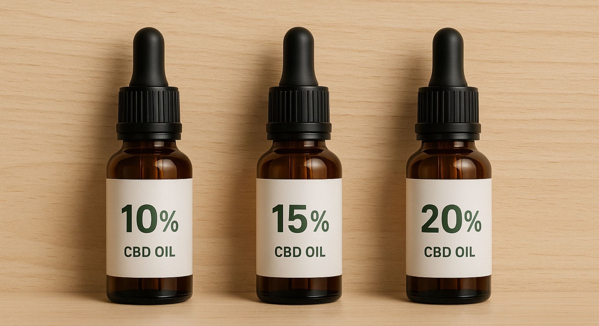 Bouteilles d’huile de CBD à 10 %, 15 % et 20 % alignées sur une surface en bois clair pour différents besoins : stress, sommeil et anxiété