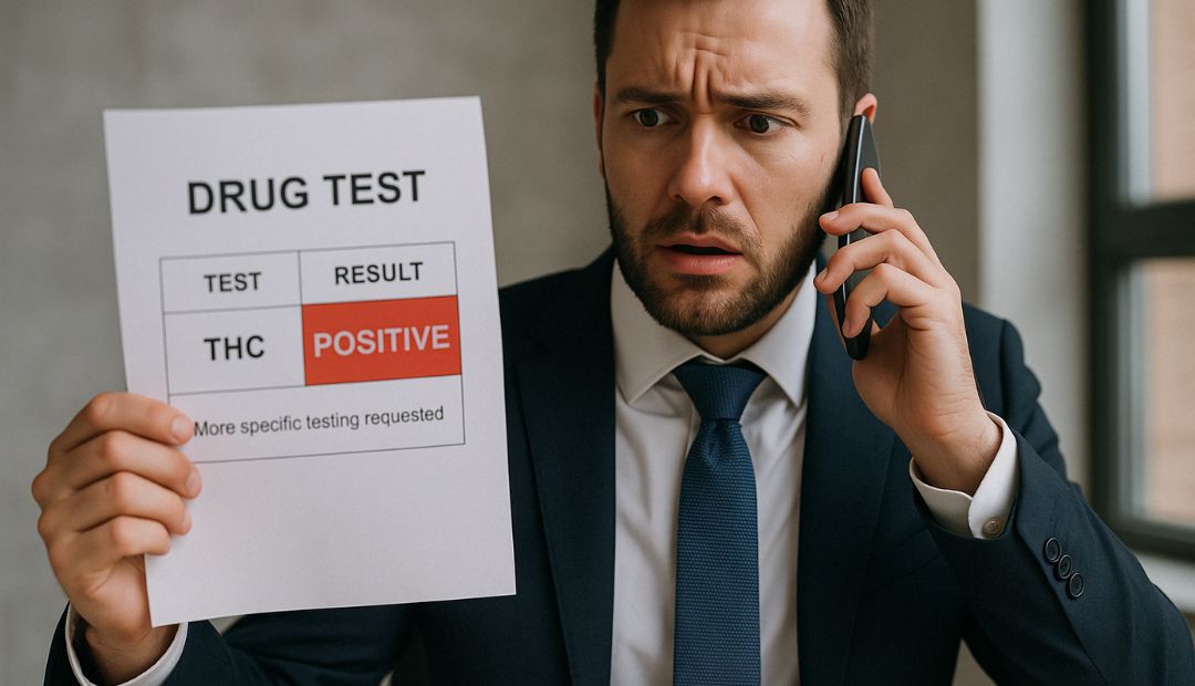 Homme inquiet en costume tenant un résultat de test positif au THC au téléphone