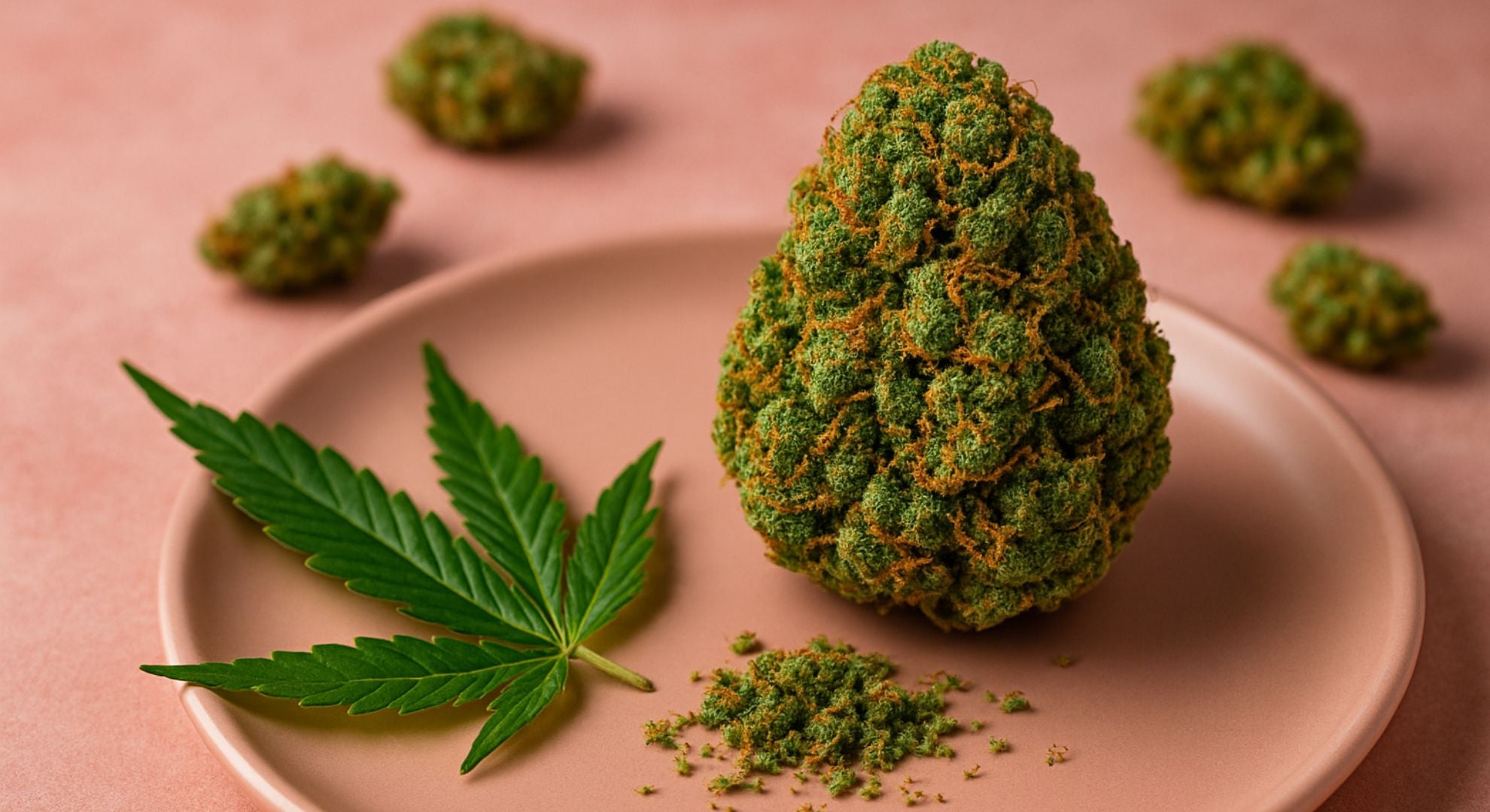 Tête de fleur de CBD premium mise en valeur au centre d’une composition minimaliste avec bocal renversé, pince métallique et feuille de chanvre, dans une ambiance studio haut de gamme