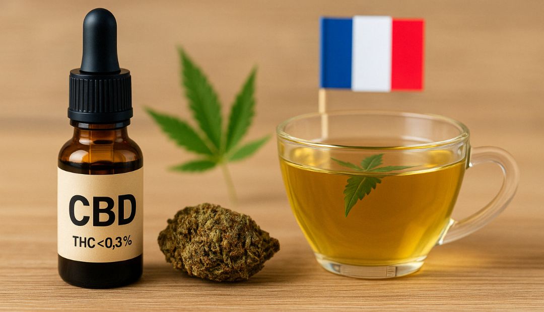 Flacon d’huile de CBD, fleur de chanvre, tasse d’infusion au CBD et drapeau français en arrière-plan