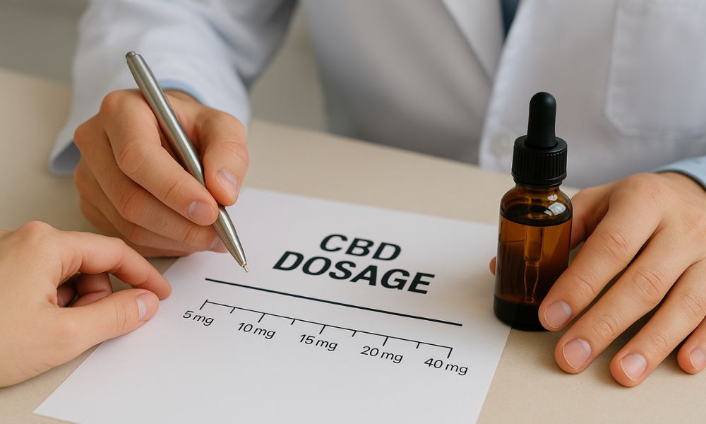 Consultation sur le dosage de CBD avec flacon et tableau de dosage visible en milligrammes