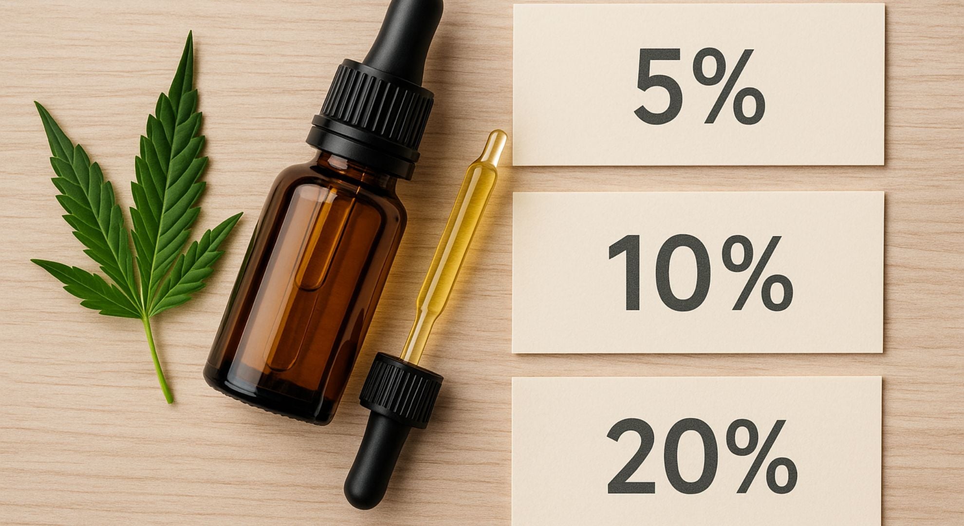Bouteille d’huile de CBD avec feuille de chanvre et indications de dosage 5 %, 10 % et 20 % sur fond en bois naturel