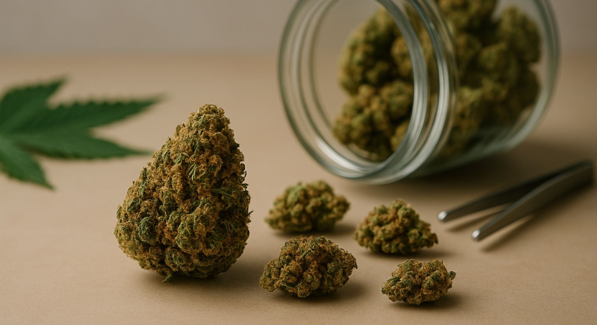 Tête de fleur de CBD premium mise en valeur au centre d’une composition minimaliste avec bocal renversé, pince métallique et feuille de chanvre, dans une ambiance studio haut de gamme