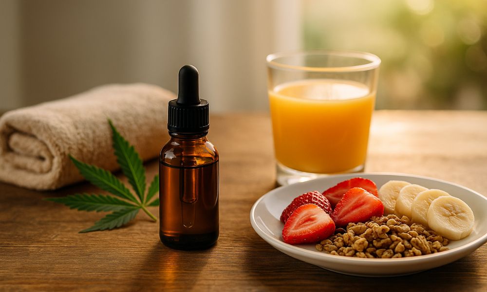 Routine bien-être avec huile de CBD, petit-déjeuner sain et ambiance matinale naturelle et apaisante