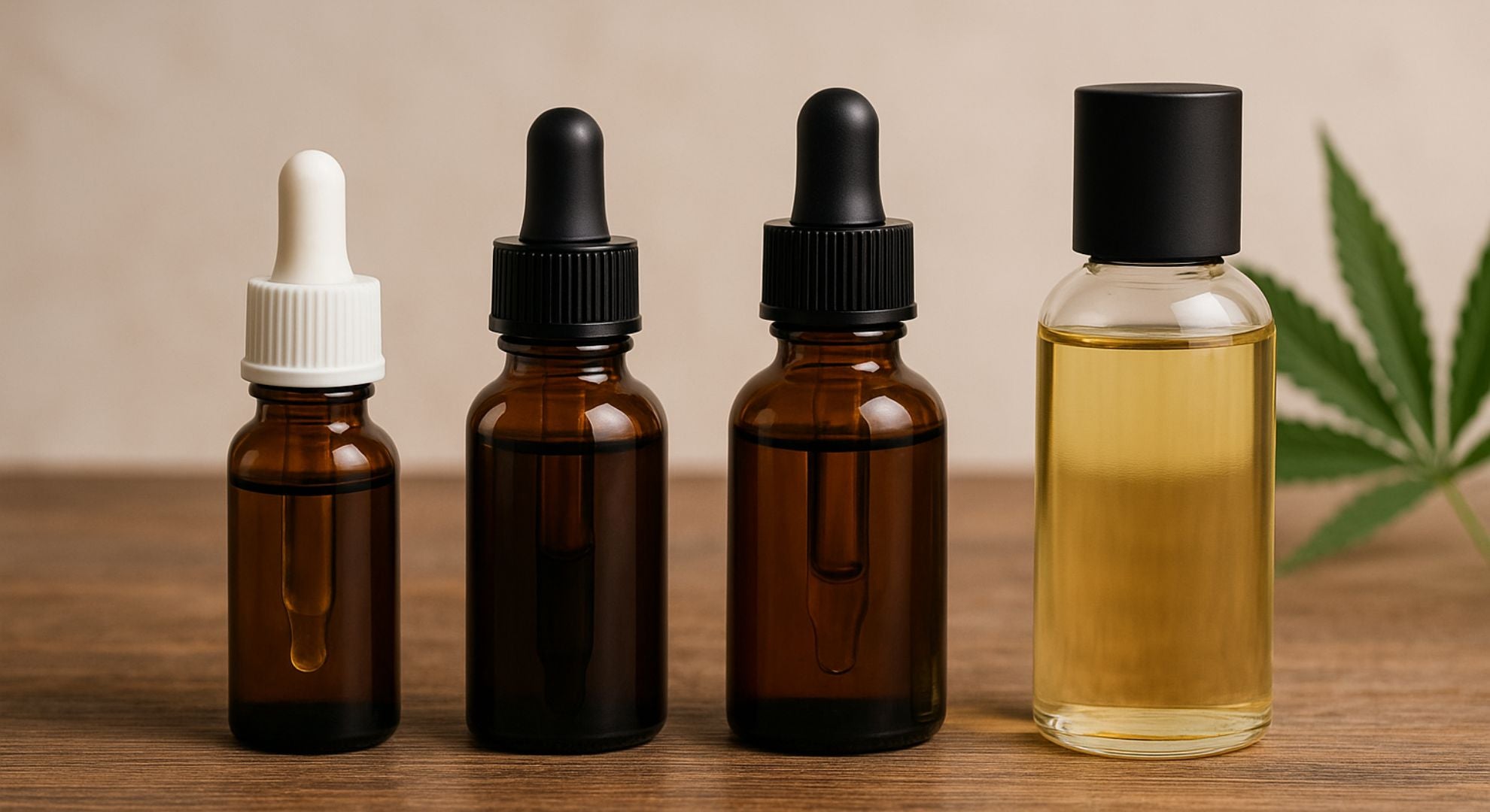 Bouteilles d’huiles de CBD de différents formats alignées sur une table en bois, illustrant les critères de choix entre dosage, spectre et qualité du produit