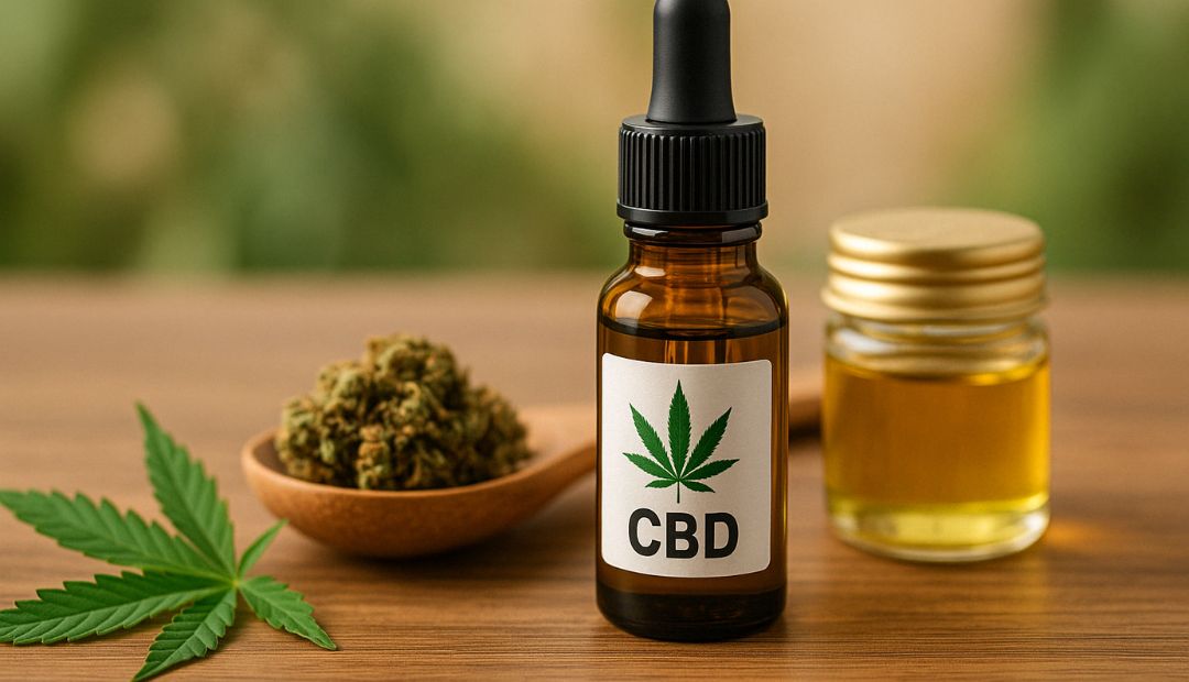 Huile de CBD, tête de cannabis et pot d’huile dorée sur une table avec fond flou naturel
