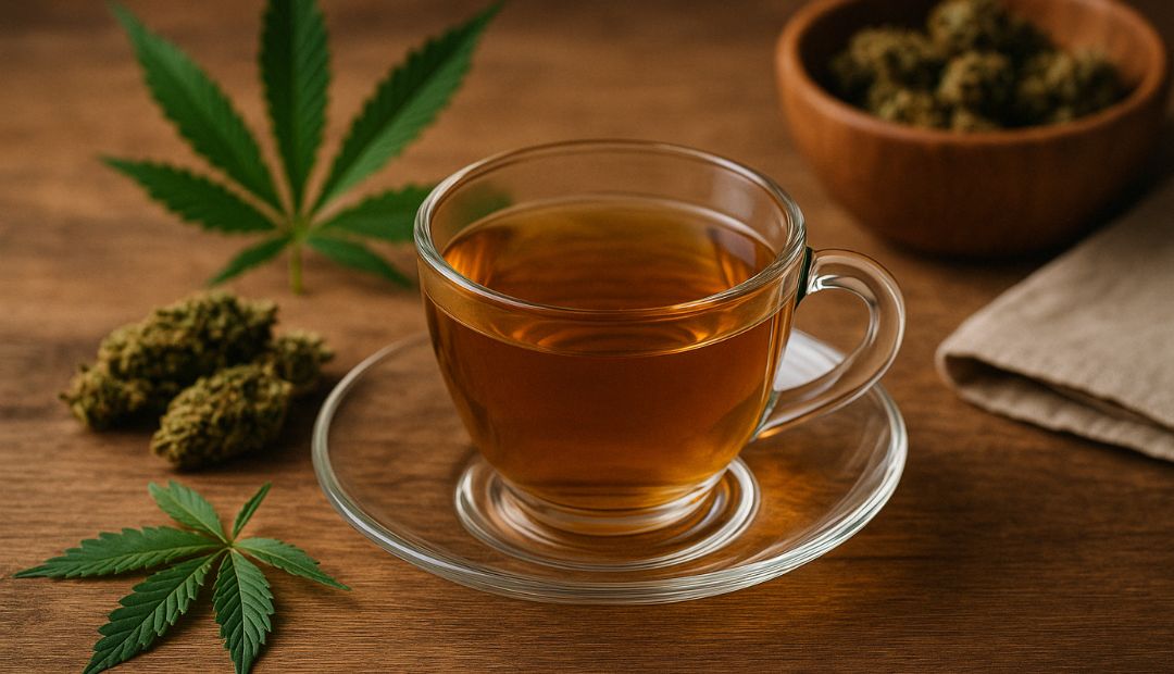 Infusion de fleurs de CBD dans une tasse transparente, avec casserole, lait, et cuillère en bois – méthode douce Chez Baba