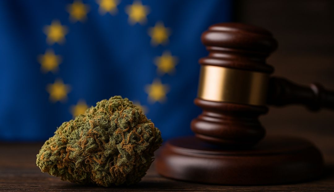Fleur de CBD Amnesia Haze posée sur une table en bois avec un marteau de juge et le drapeau européen en arrière-plan, illustrant la légalité du CBD en Europe.