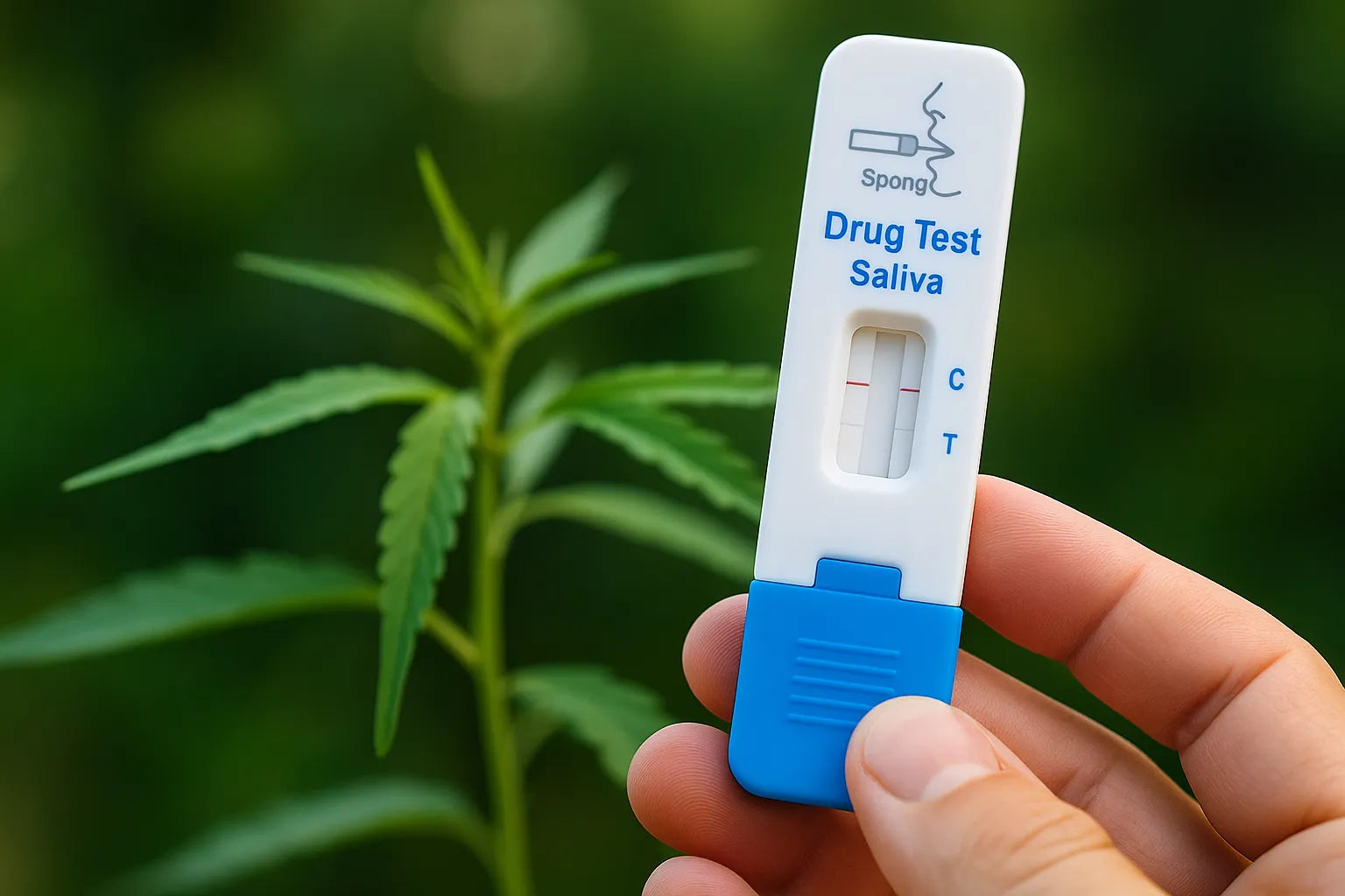 Test salivaire THC 2025 en extérieur, gros plan sur le kit avec plante de cannabis floue en arrière-plan.