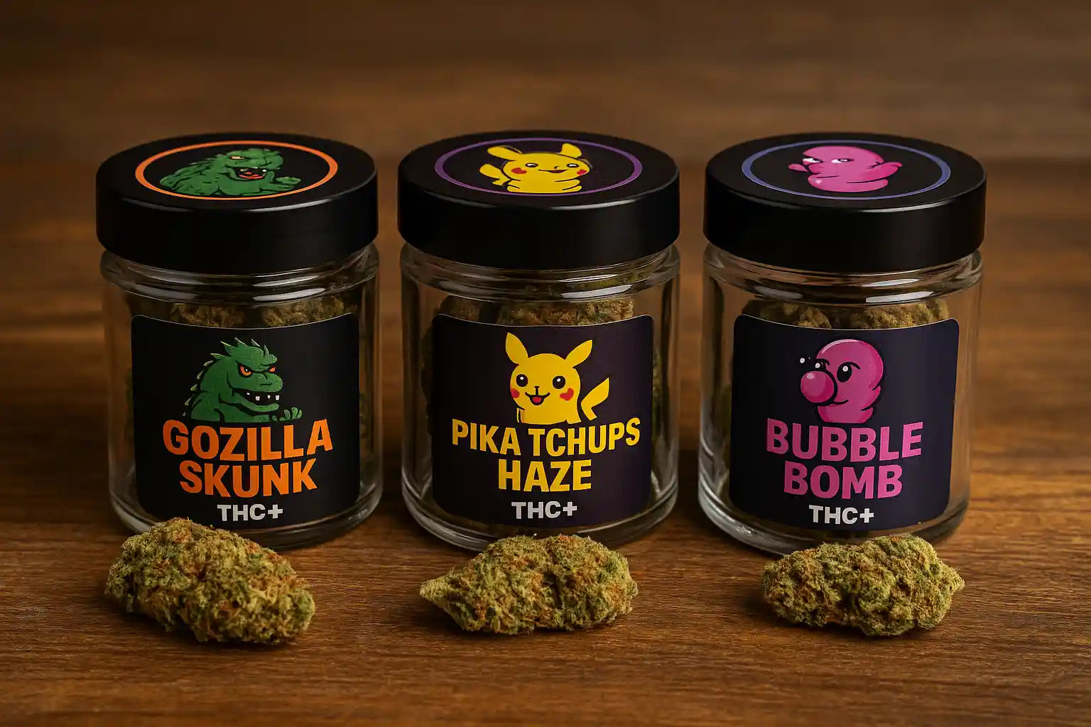 Trois pots de fleurs et résines THC+ Chez Baba : Gozilla Skunk, Pika Tchups Haze et Bubble Bomb, présentés sur une table en bois