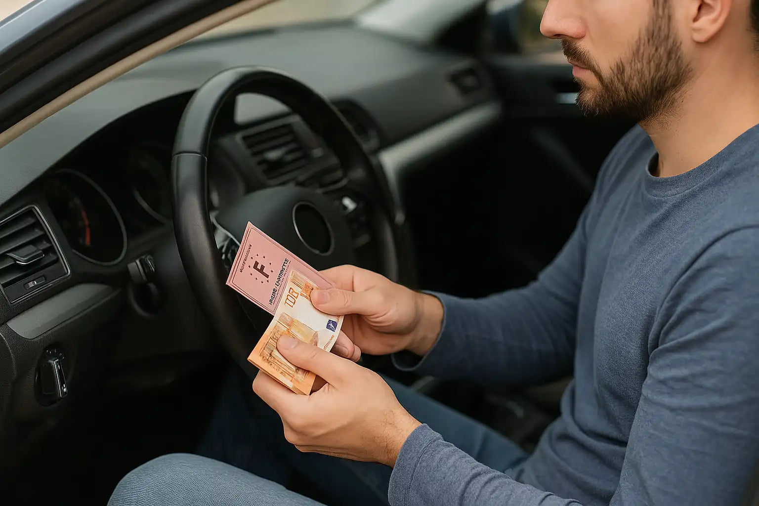 Jeune conducteur en voiture tenant son permis de conduire français et une amende en euros, illustrant les sanctions d’un test salivaire THC positif en 2025.
