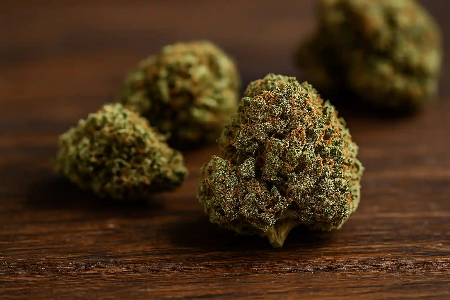 Buds de cannabis premium THC+ Chez Baba, riches en trichomes et pistils orangés, sur fond en bois naturel