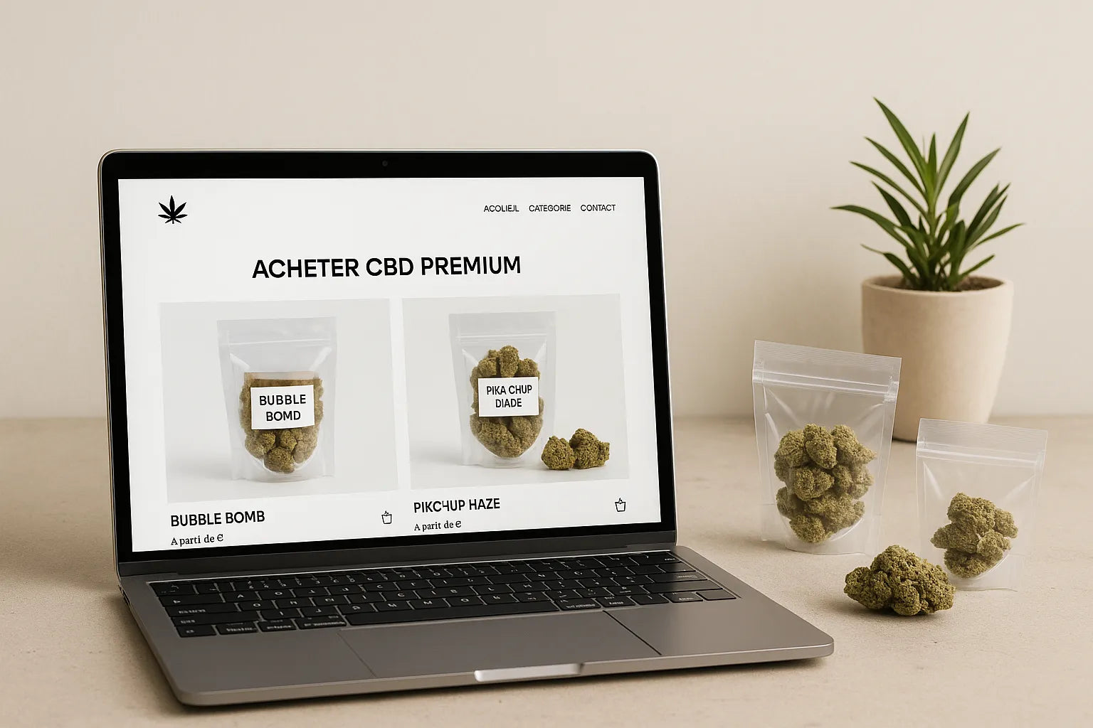 Photo dâun site e-commerce premium vendant du THC+ lĂ©gal en France, ambiance claire et rassurante