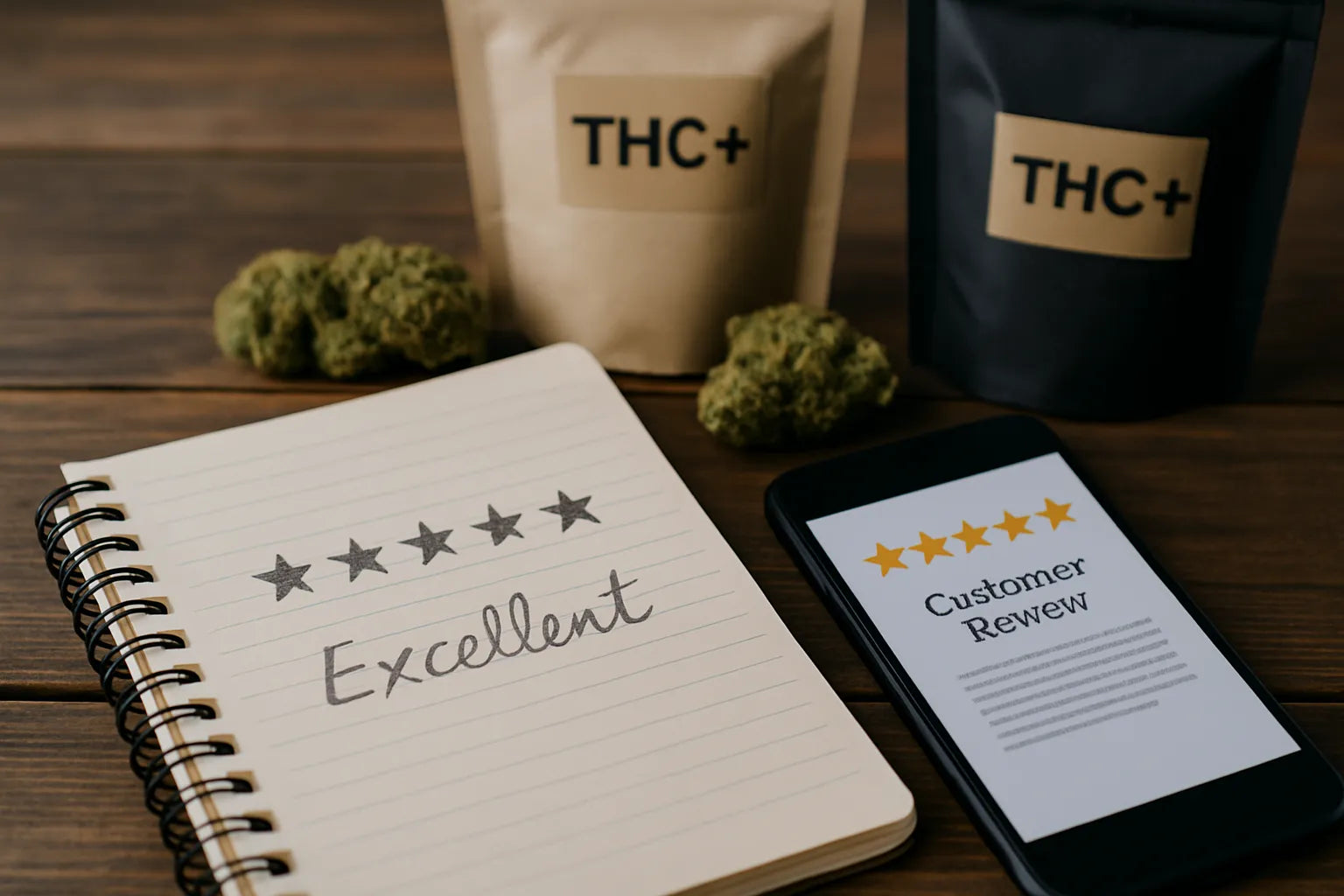 Image de retours clients sur le THC+, ambiance naturelle avec carnet dâavis et pochons premium en fond