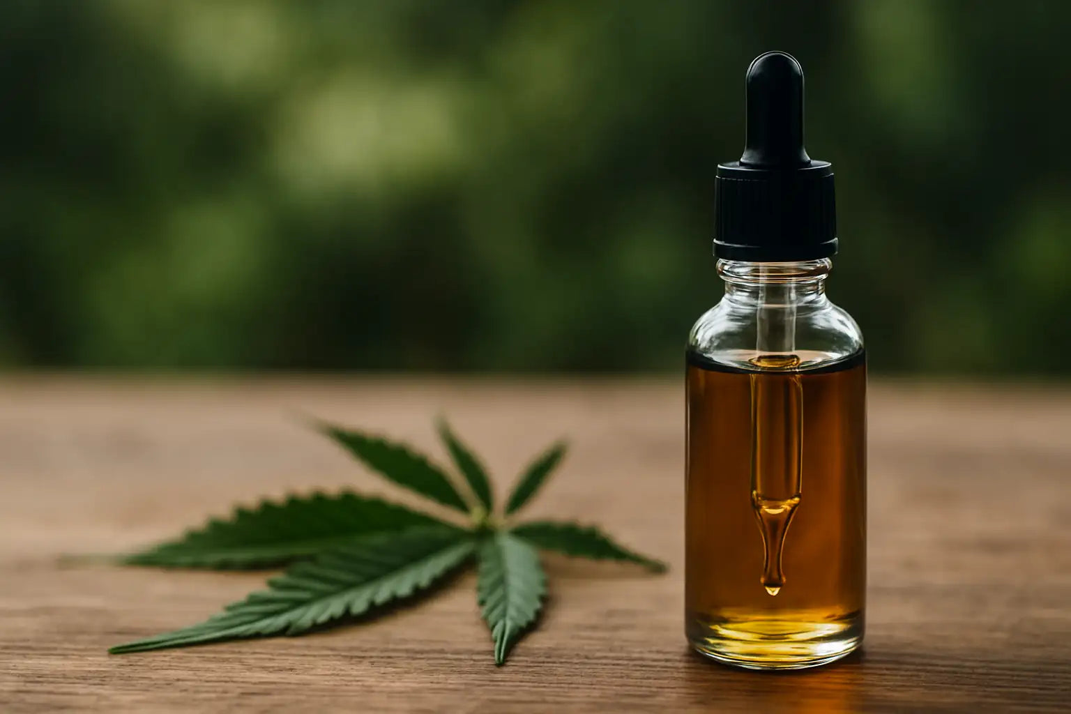 Huile de CBD naturelle à spectre complet, extraite du chanvre, posée avec une feuille de cannabis sur fond vert flouté.