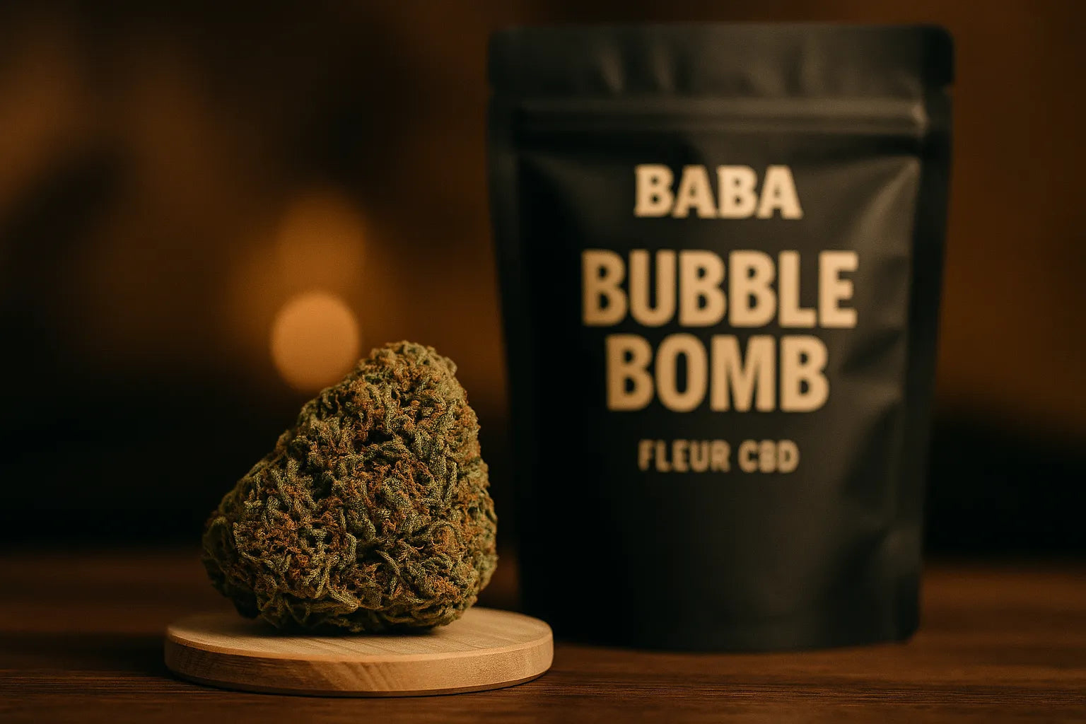 Gros plan sur la fleur CBD Bubble Bomb de Baba posée sur un support en bois, avec le pochon noir branding en arrière-plan