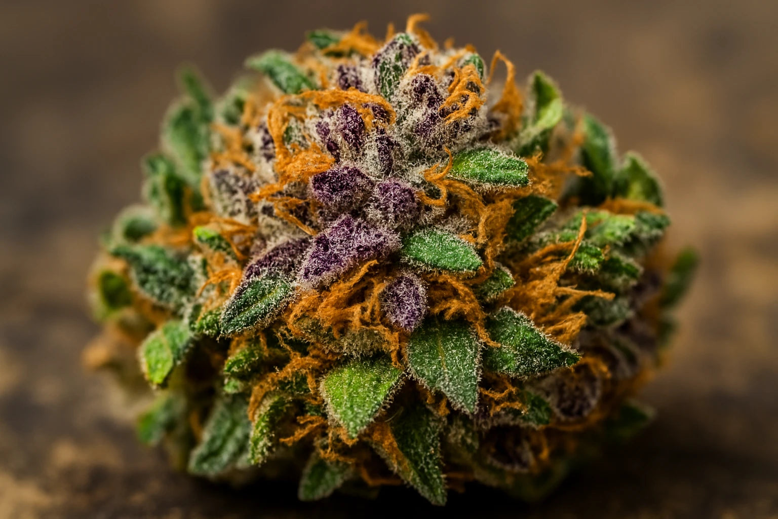 Macro dâun bourgeon de cannabis compact aux tons violets, verts et orangĂ©s, reprĂ©sentant la puissance des produits THC+ chez baba