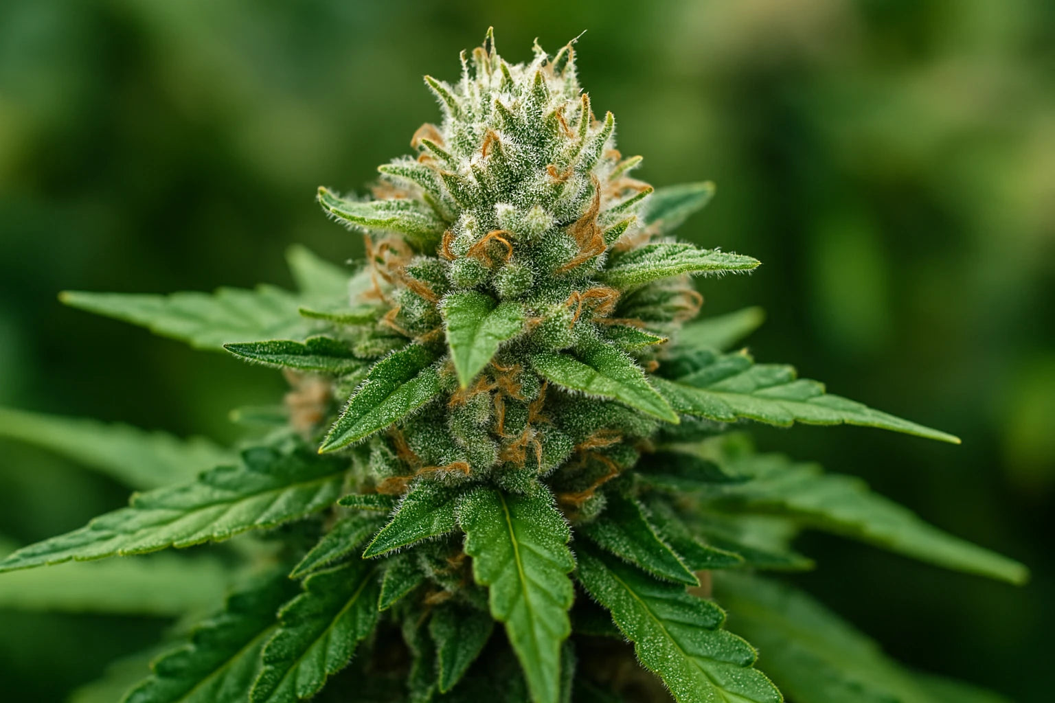 Fleur de CBD verte et compacte, couverte de trichomes â collection premium THC+ Chez Baba