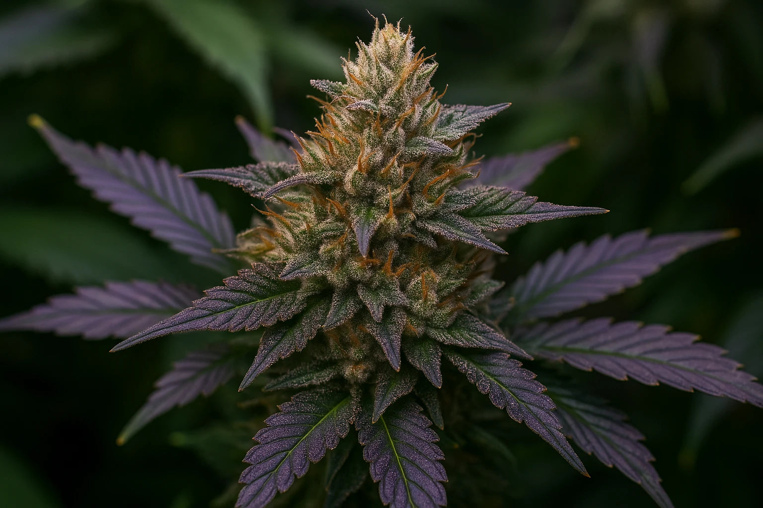 Fleur de CBD premium aux reflets violets et trichomes scintillants â collection THC+ Chez Baba