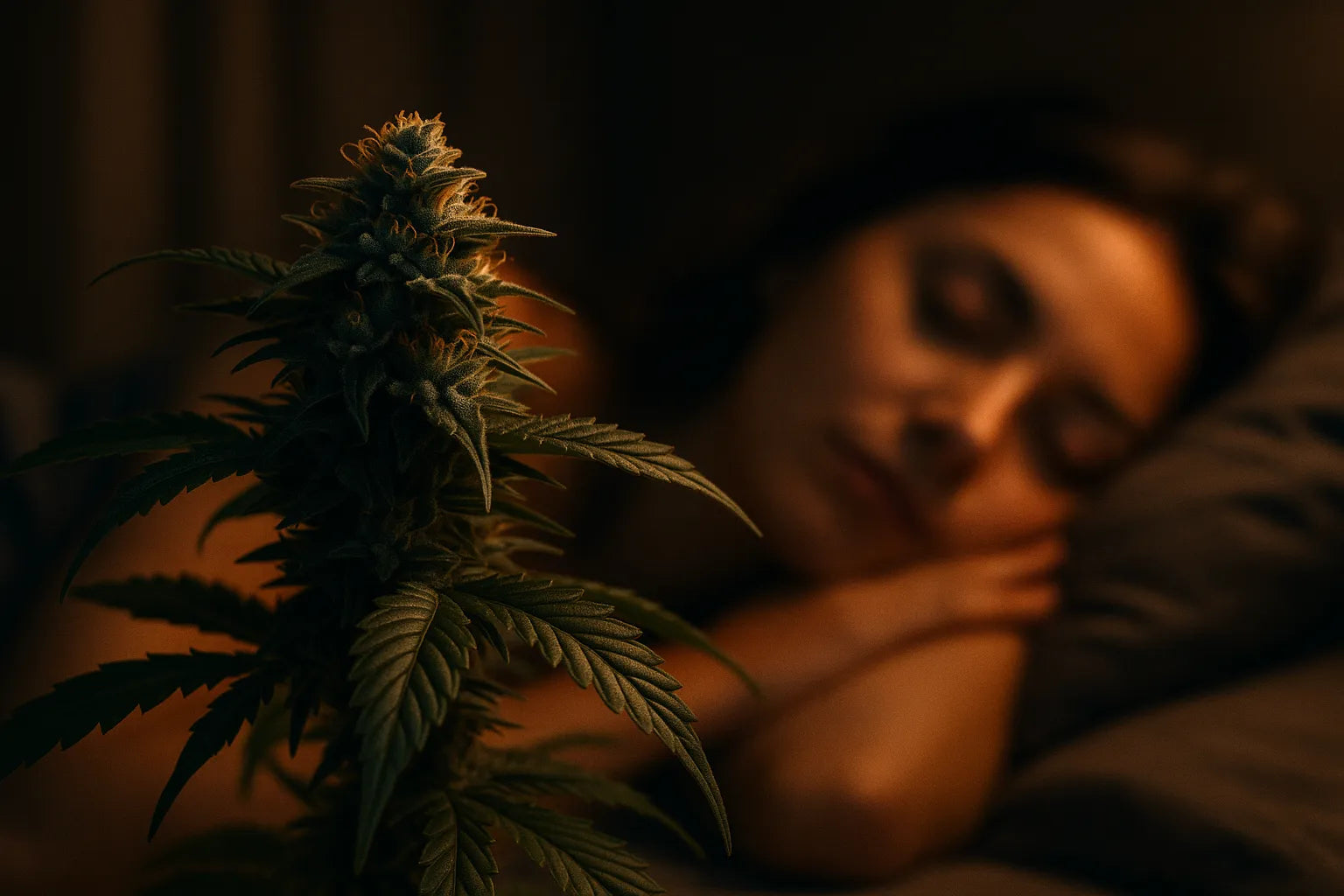 Fleur de cannabis en premier plan, femme endormie paisiblement en arrière-plan dans une lumière chaude et tamisée