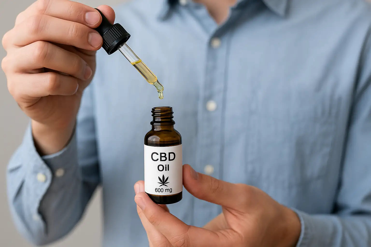 Gros plan sur une main versant de l’huile de CBD à l’aide d’une pipette depuis un flacon de 600 mg, tenue par une personne en chemise bleue.