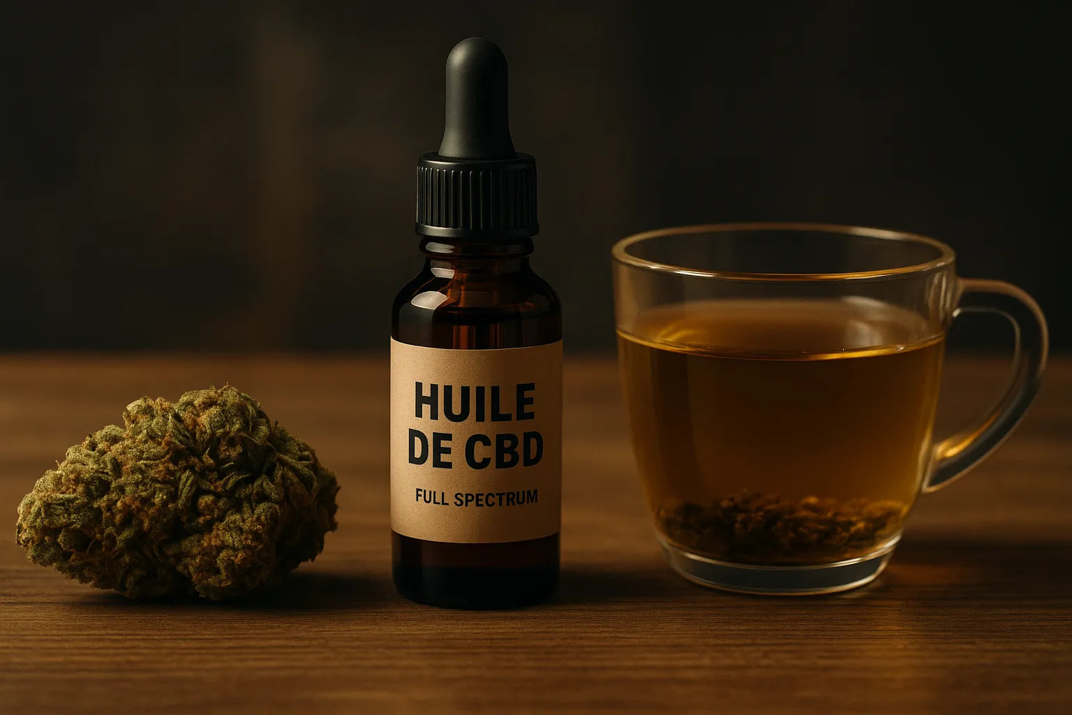 Fleur de CBD, flacon d’huile full spectrum et tisane infusée alignés sur une table en bois, ambiance chaleureuse et naturelle