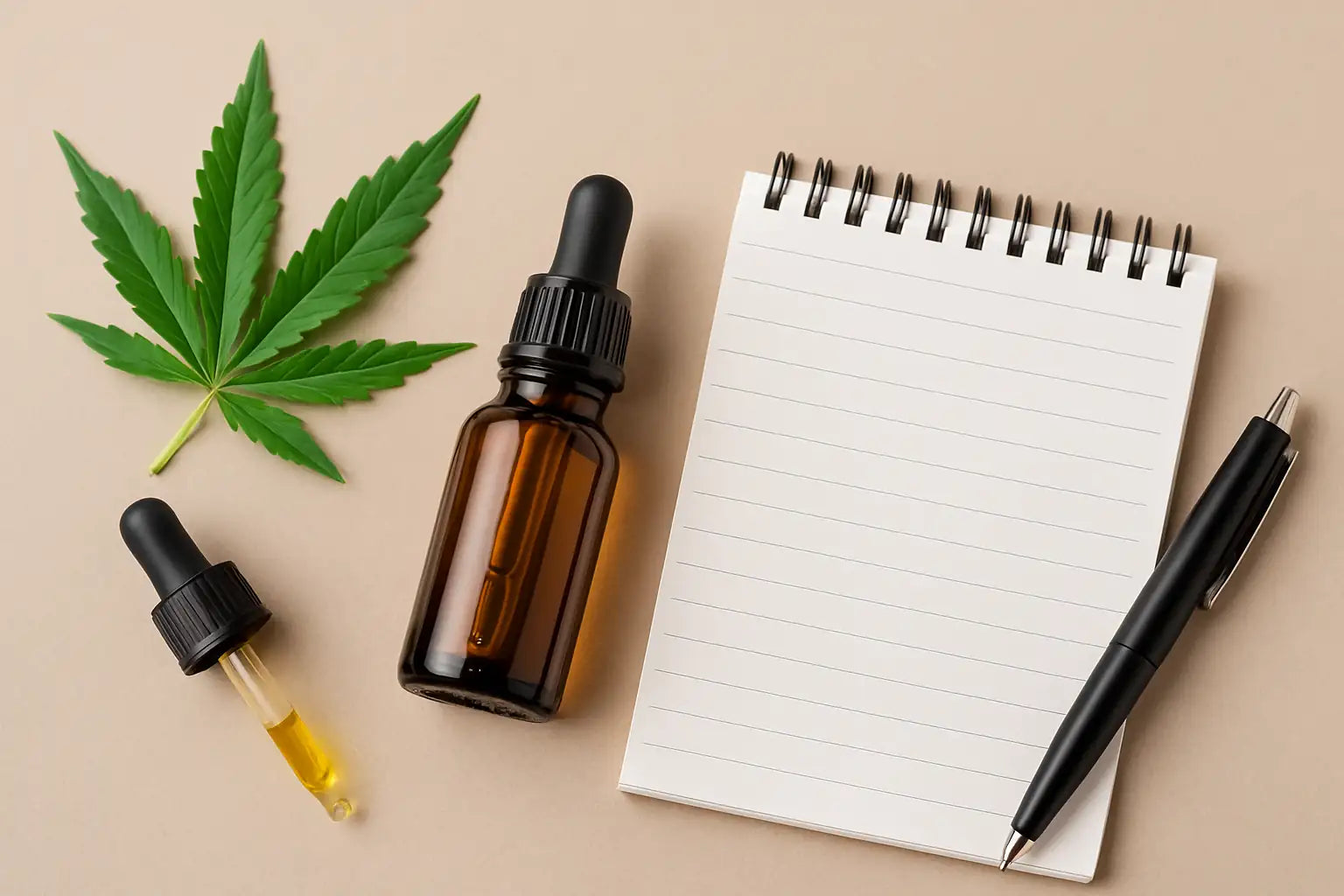 Carnet de suivi pour huile de CBD avec feuille de chanvre et flacon, pour noter son dosage et ses ressentis au quotidien.