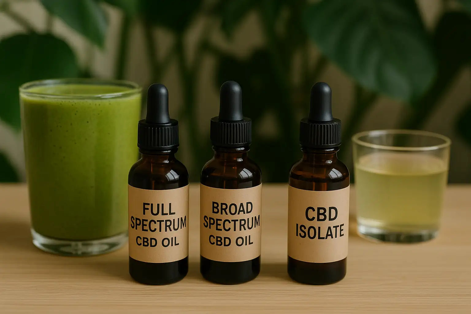 Trois flacons d’huile de CBD étiquetés Full Spectrum, Broad Spectrum et CBD Isolate, posés sur une table en bois entre un smoothie vert et une tisane, avec un fond de plantes vertes.