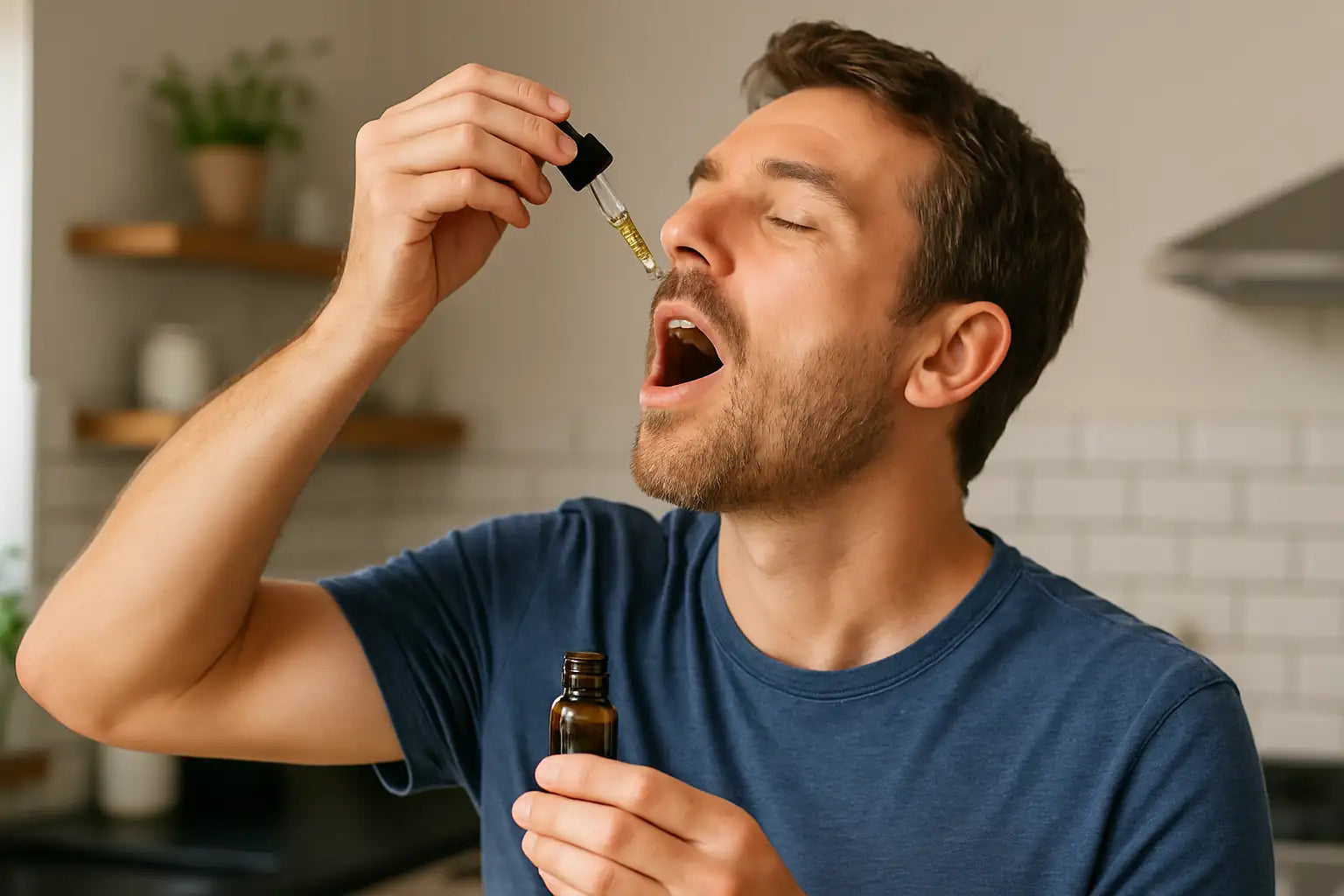 Homme utilisant une pipette pour prendre de l’huile de CBD par voie sublinguale, dans une cuisine moderne.