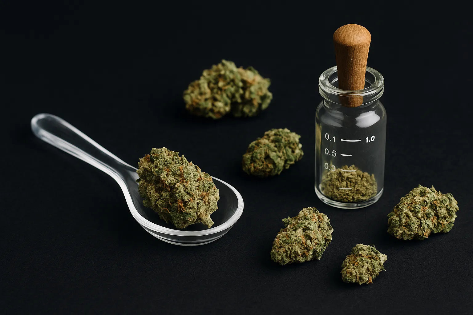 Dosage prĂ©cis de fleurs de cannabis THC+ posĂ©es Ă cĂŽtĂ© dâune balance en verre