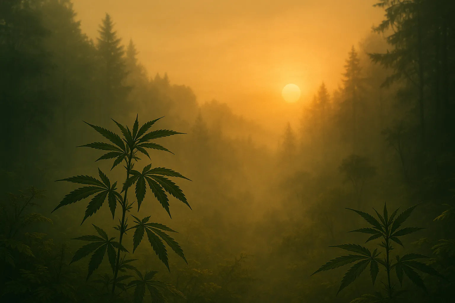 ambiance forestière brumeuse illustrant les effets du CBD puissant en alternative au THC