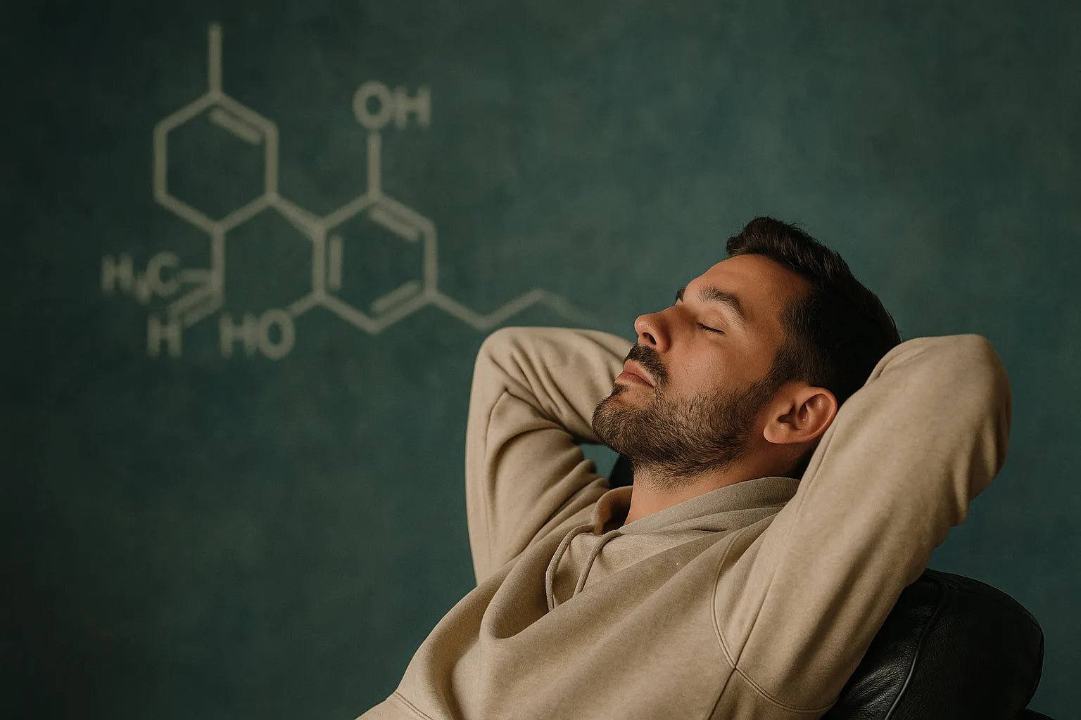 Homme détendu en extérieur, ambiance relaxante sous lumiÚre naturelle, illustrant les effets du THC+