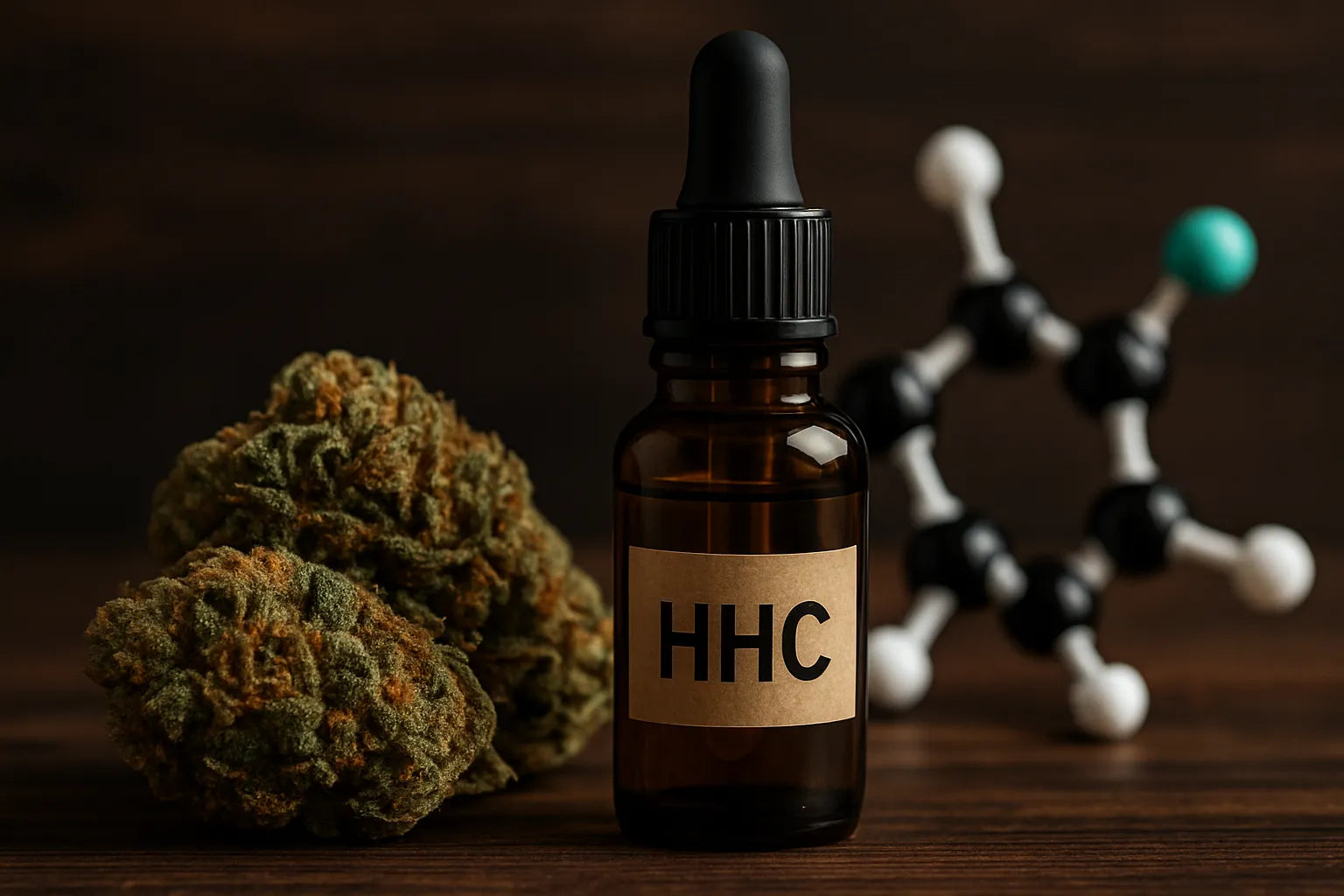 Flacon dâhuile HHC avec fleurs de cannabis et molĂ©cule en arriĂšre-plan sur fond bois