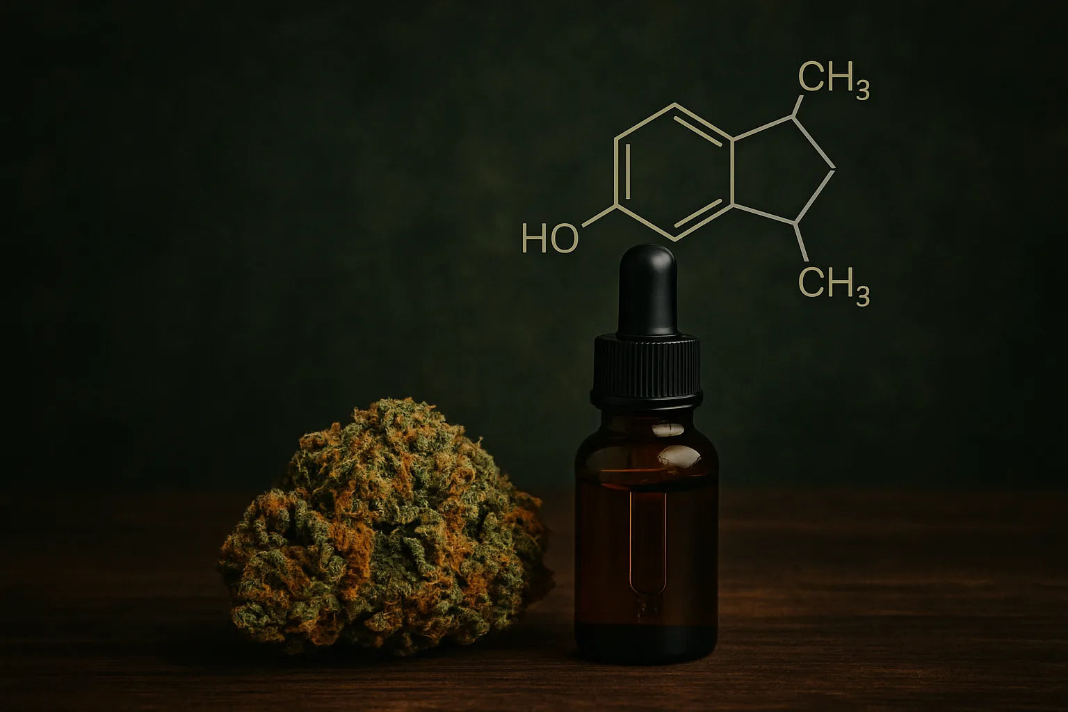 Fleur de cannabis, flacon dâhuile HHC et molĂ©cule sur fond sombre et boisĂ©