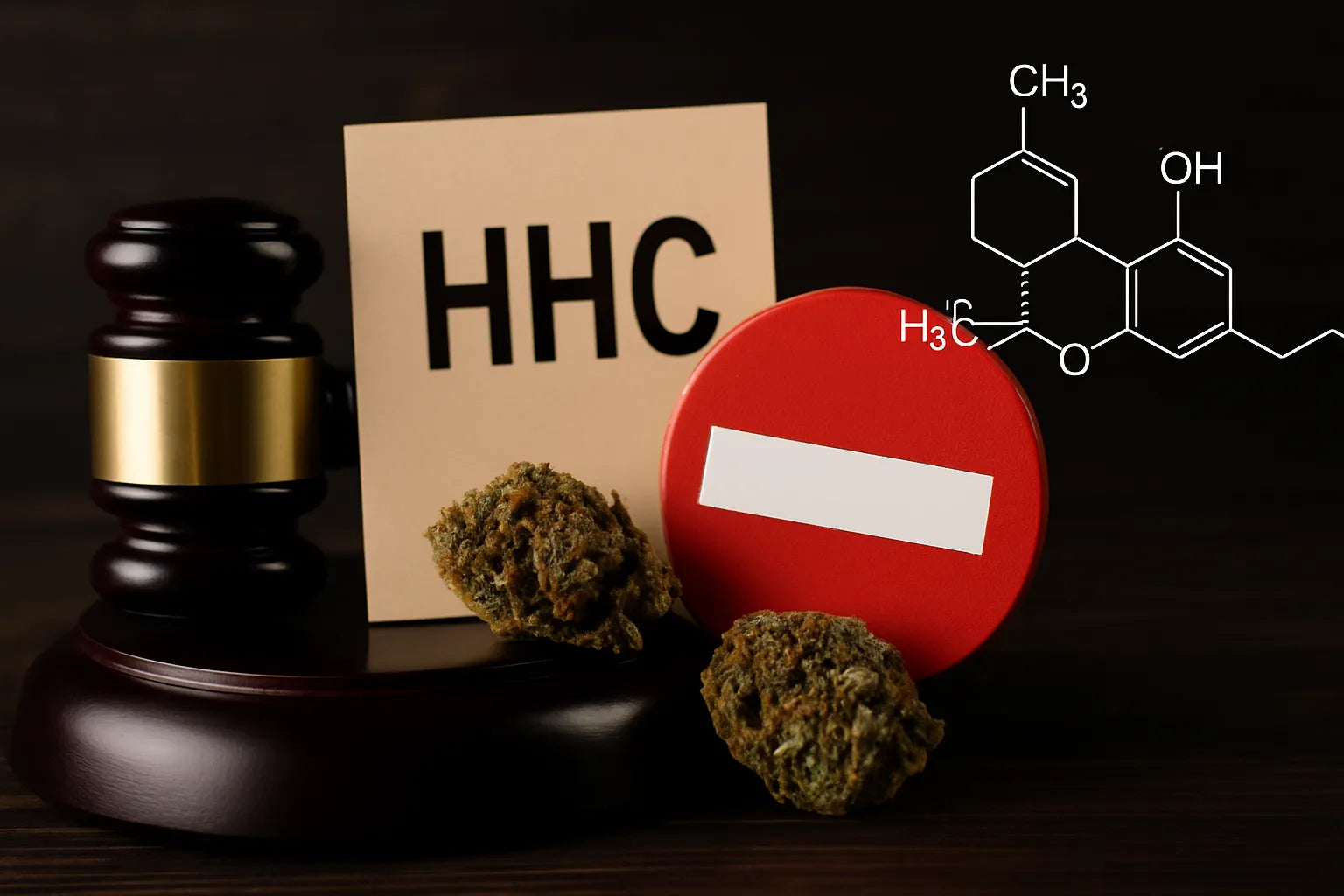 Interdiction du HHC en France en 2025 : gavel, molĂ©cule et signal dâinterdiction sur fond boisĂ©
